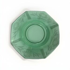 Vintage Depression Green Glass 8 inch Plate Octagon W/Etched Flowers